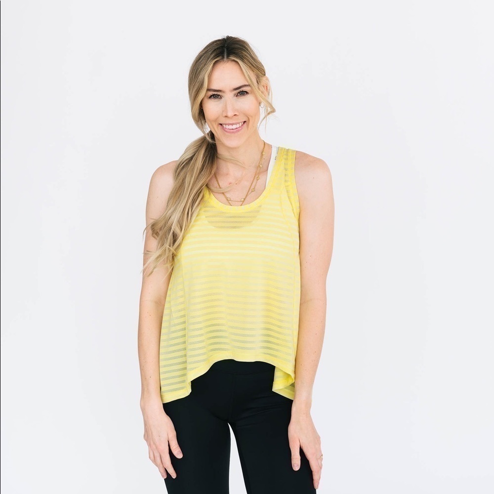 ZYIA Active Lemon Yellow Nimbus Split Criss Cross Back Tank Top Sz Large Striped